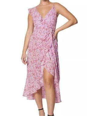 Laundry By Shelli Segal Pink Floral True Wrap Dress Size 4 Straps Ruffle Ruched